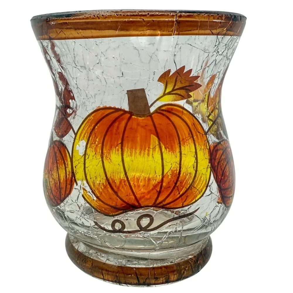Set 3 Yankee Candle Pumpkin Fall Autumn‎ Crackle Glass Votive Candle Holders